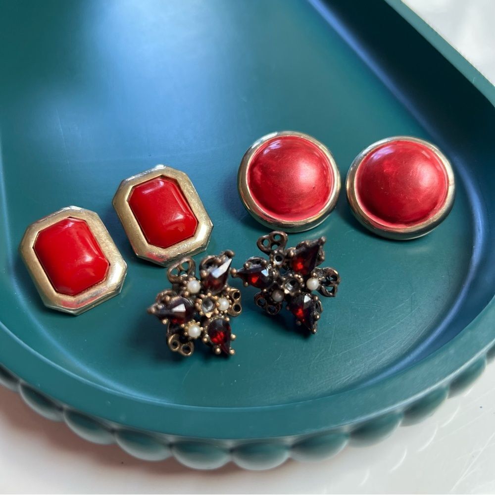 3 Pairs Vintage Mixed Decades 1960s-1980s Red Toned Clip Earrings Lot
